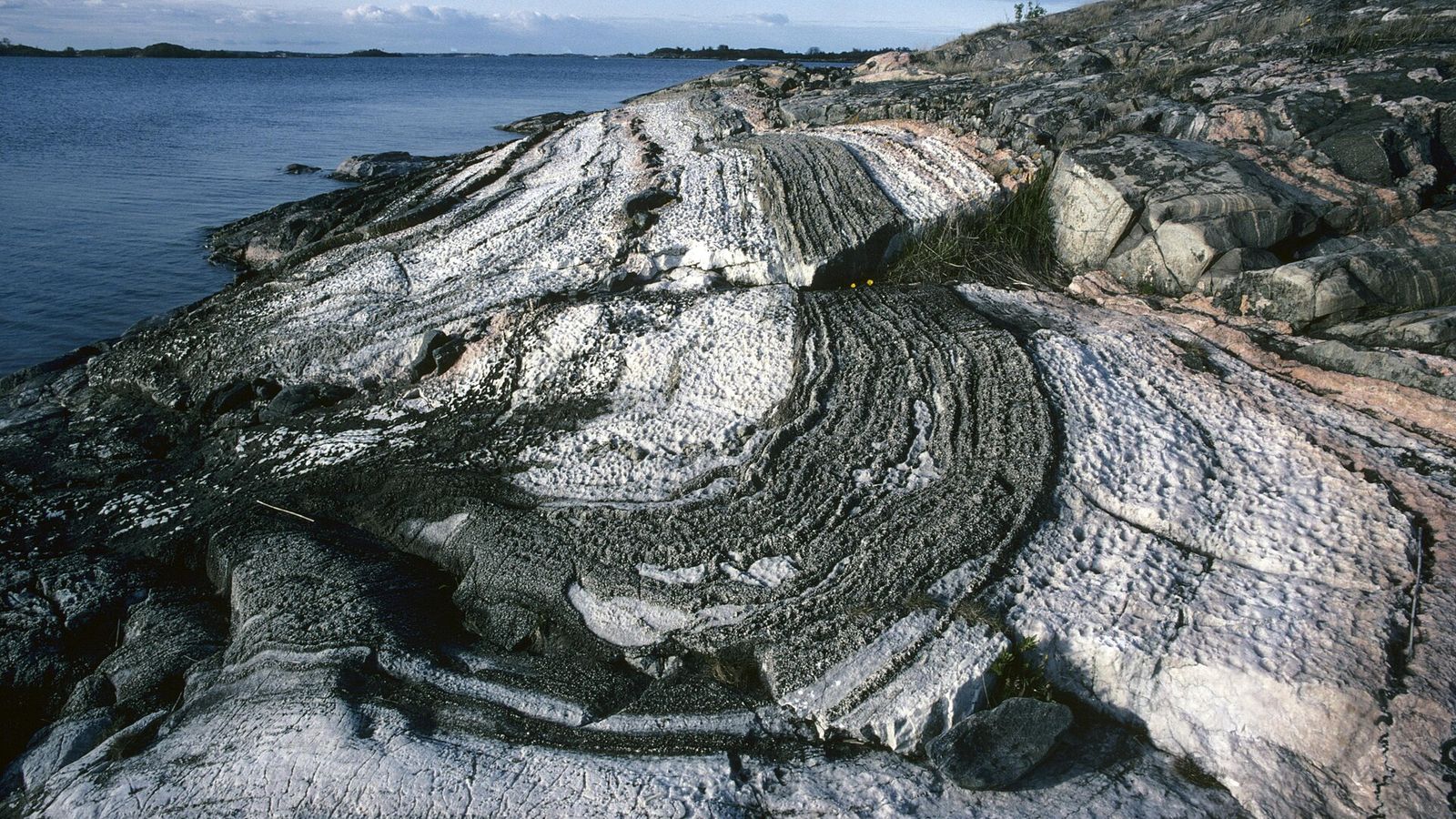 Släta, vågslipade klipphällar som sluttar ned mot havet i Östgötaskärgården